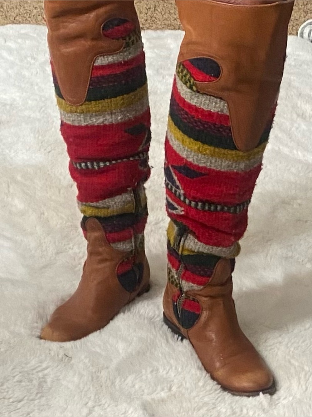 Freebird by Steven Tan Leather & Red Aztec Knit Over-the-Knee Boots